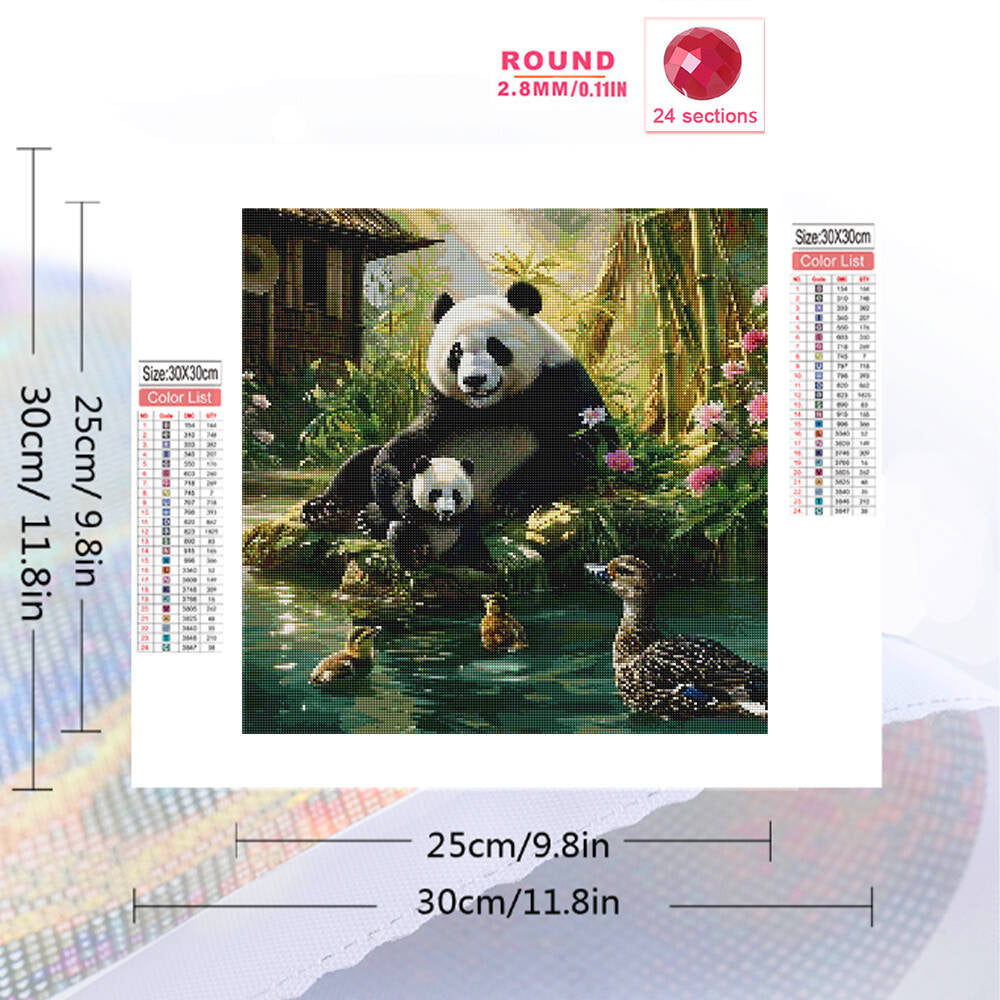 Diamond Painting Full Round 20x20cm - Panda & Duckling Serene Pond Scene