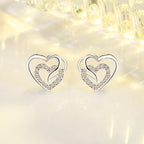 Dual-Tone Heart Stud Earrings – 925 Silver with Zircon Accents (Silver or Gold Finish)