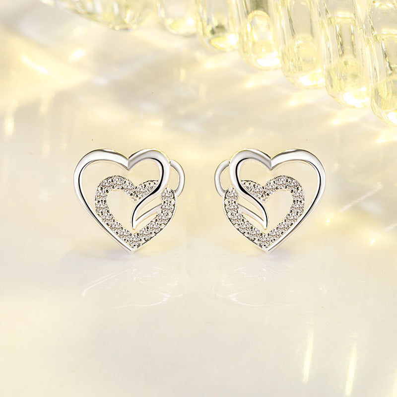 Dual-Tone Heart Stud Earrings – 925 Silver with Zircon Accents (Silver or Gold Finish)