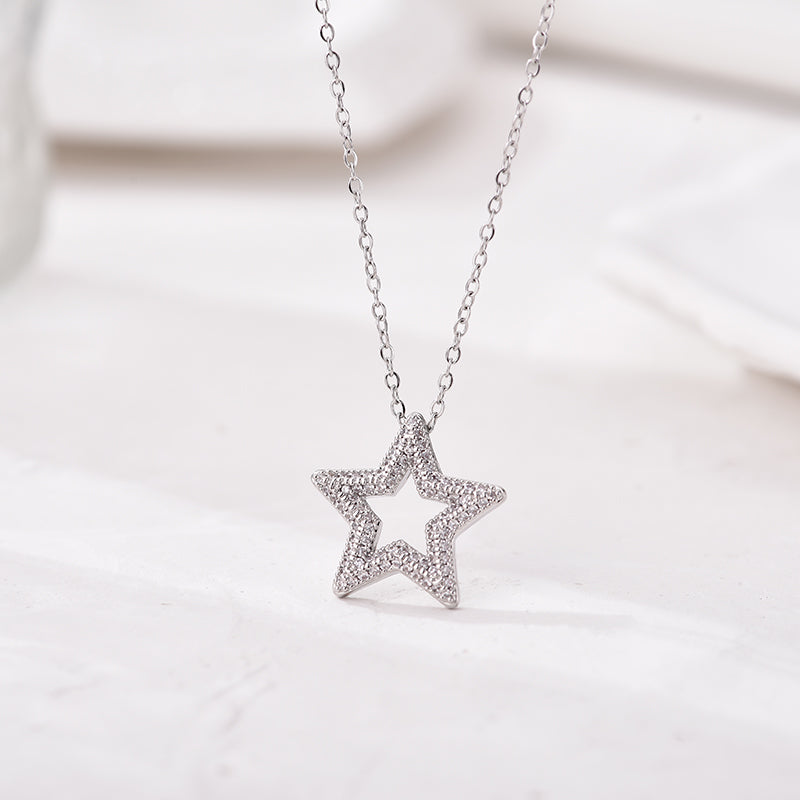 Elegant Silver-Tone Star Pendant Necklace with Sparkling Cubic Zirconia Pave Setting - Truly Yours