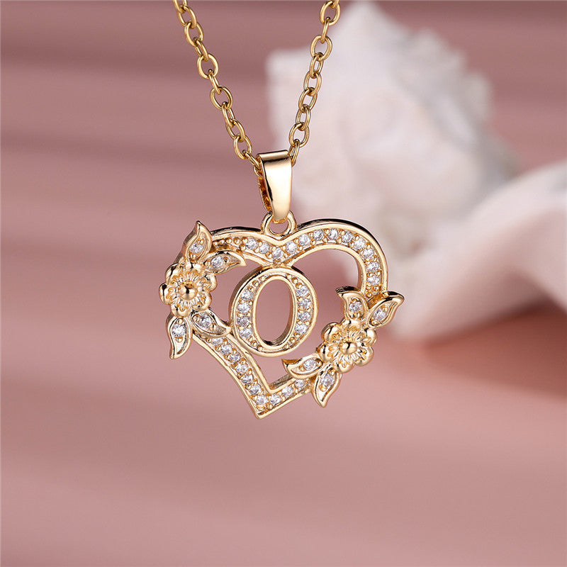 Gold-Plated Heart Initial Necklace – Sparkling Crystal A-Z Letter Pendant with Floral Accents - Truly Yours