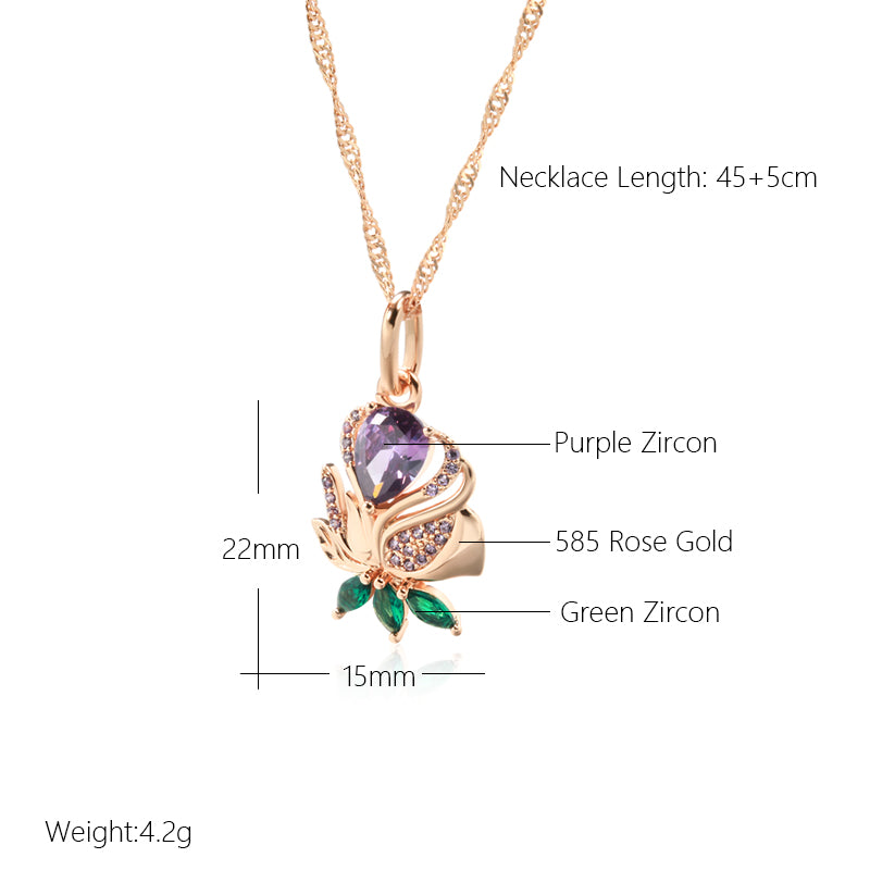 585 Rose Gold Purple & Green Zircon Floral Pendant Necklace (45+5cm) - Truly Yours