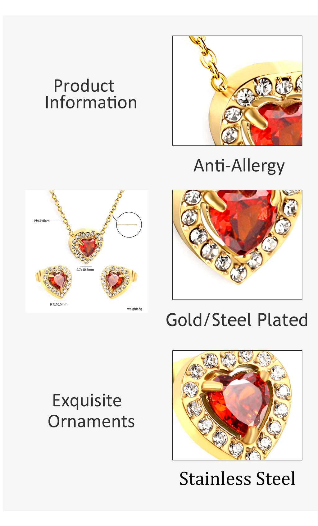 Love Heart Jewellery Set: Sparkling Red Zirconia Necklace and Earrings