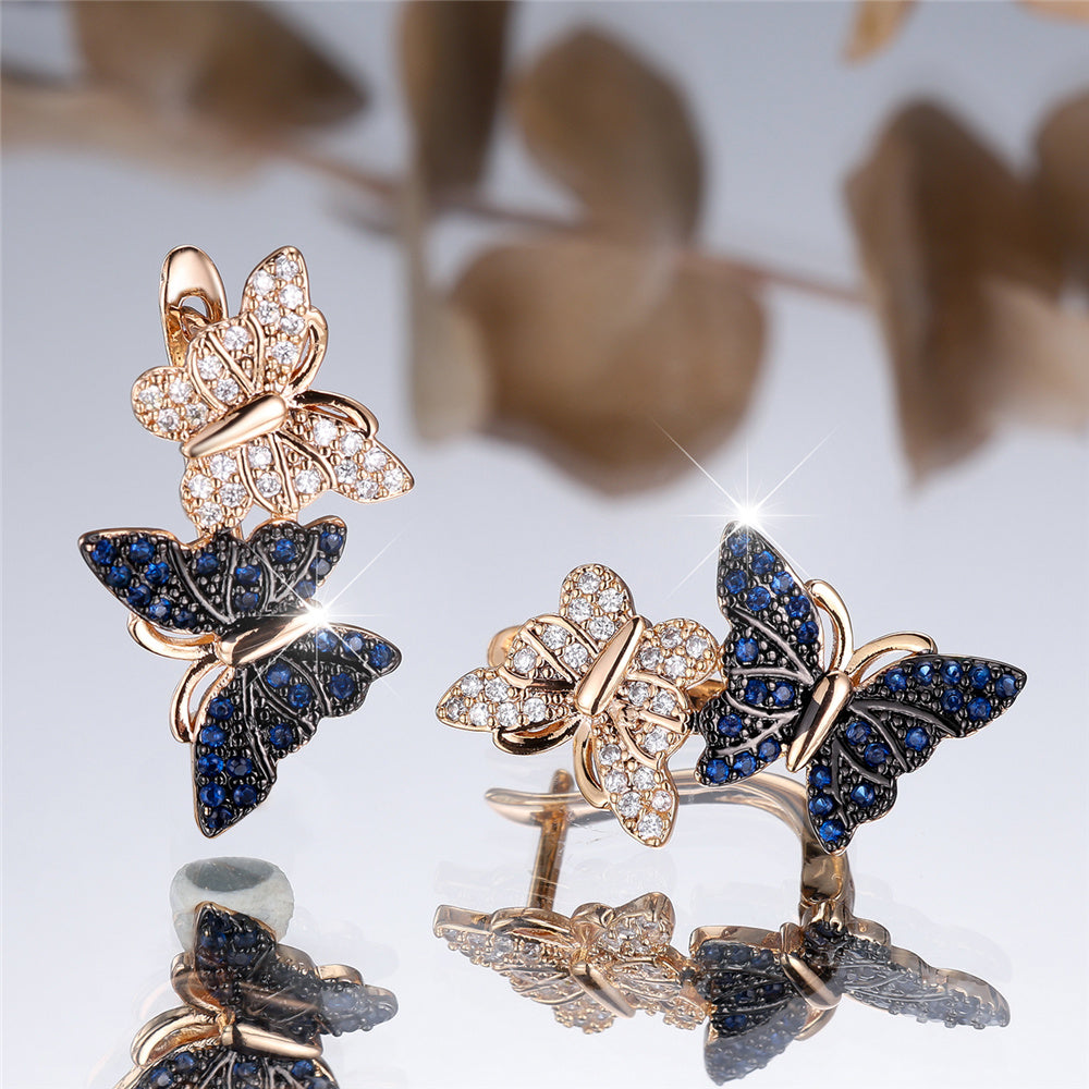 Gold-Tone Butterfly Hoop Earrings with White & Blue Crystal Zircon
