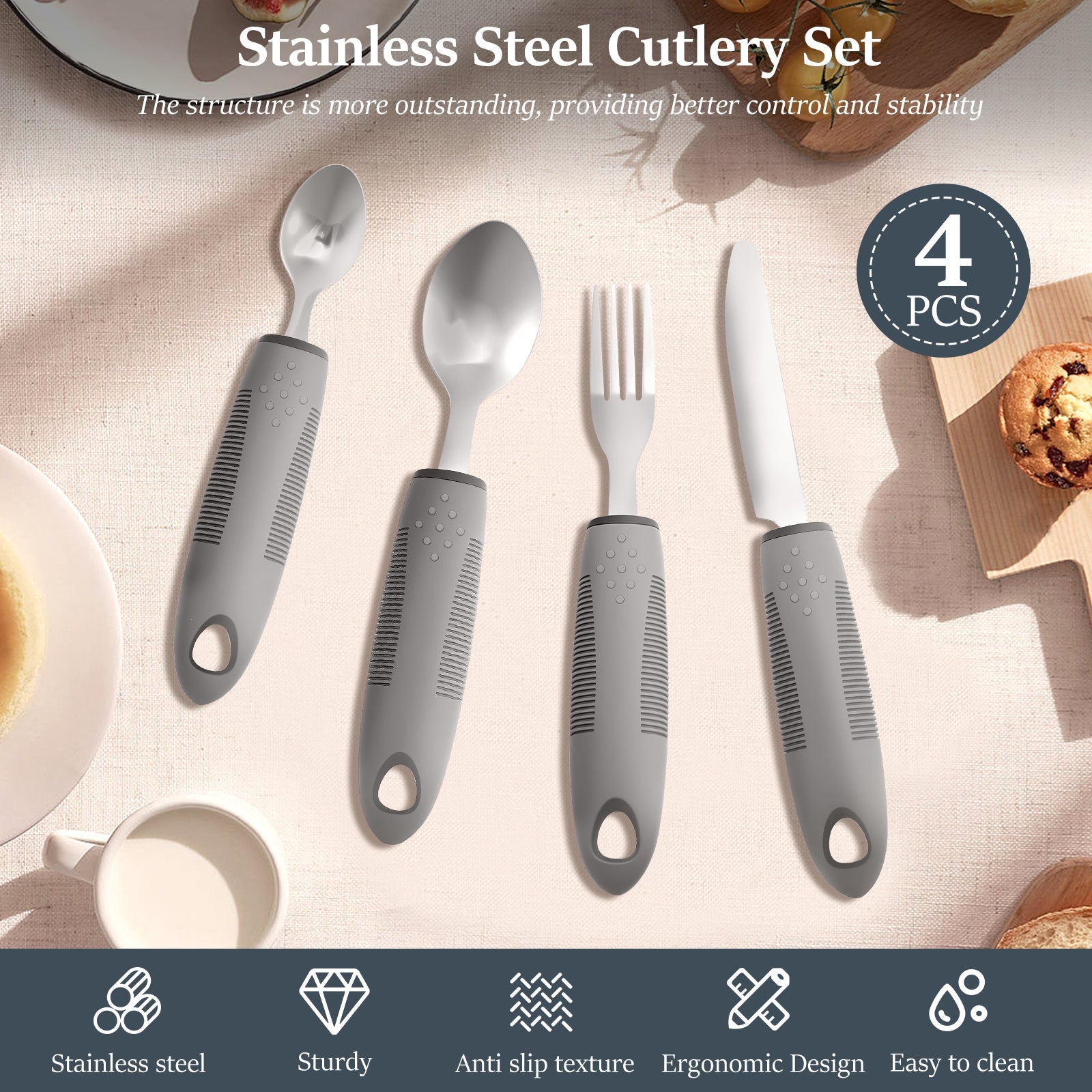 4-Piece Adaptive Utensils Set - Stainless Steel Bendable Cutlery with Weighted Easy-Grip Handles for Arthritis, Hand Tremors, and Parkinson’s