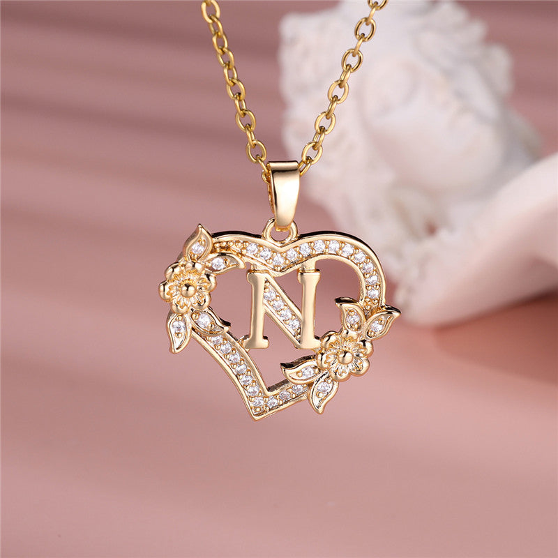 Gold-Plated Heart Initial Necklace – Sparkling Crystal A-Z Letter Pendant with Floral Accents - Truly Yours