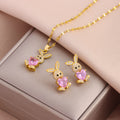316L Stainless Steel Pink Zircon Rabbit Necklace & Earring Set - Truly Yours