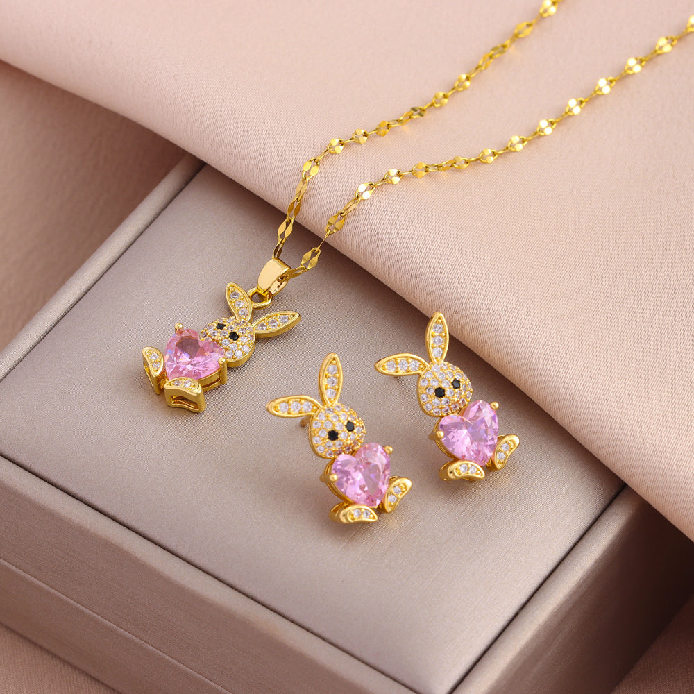 316L Stainless Steel Pink Zircon Rabbit Necklace & Earring Set