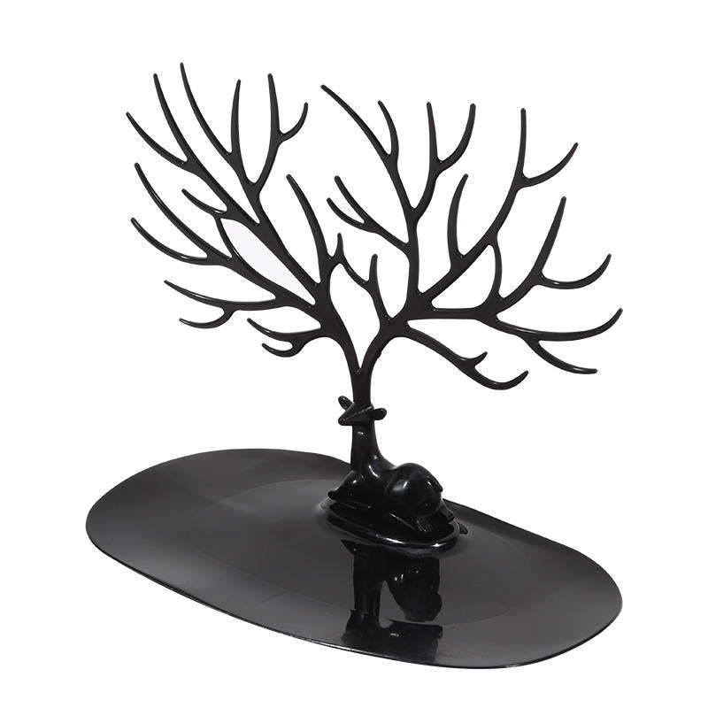 Tree-Shaped Jewellery Organizer with Deer Base - Necklace, Earring & Ring Display Stand with Storage Tray