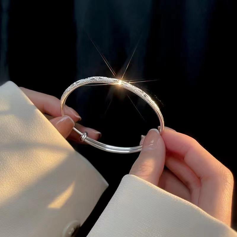 925 Sterling Silver Adjustable Bangle Bracelet with Textured Pattern