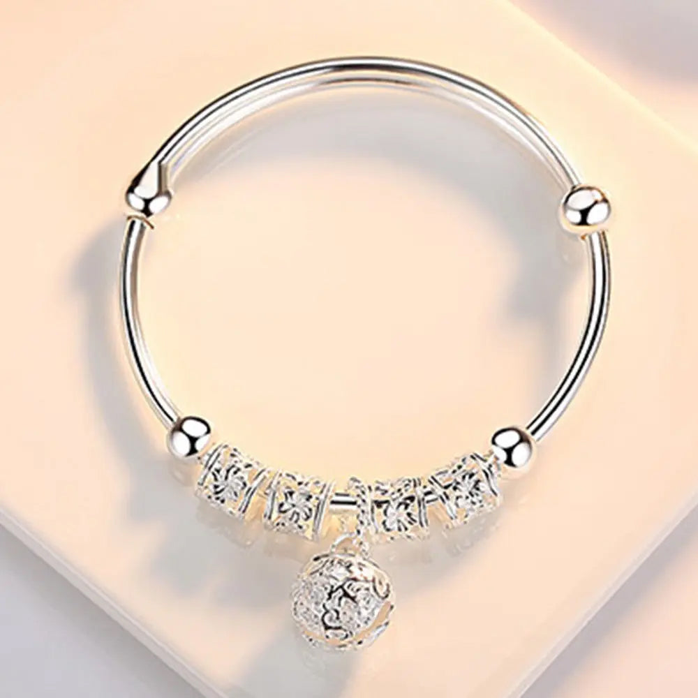 Adjustable 925 Sterling Silver Bangle - Hollow Bell Ball Design