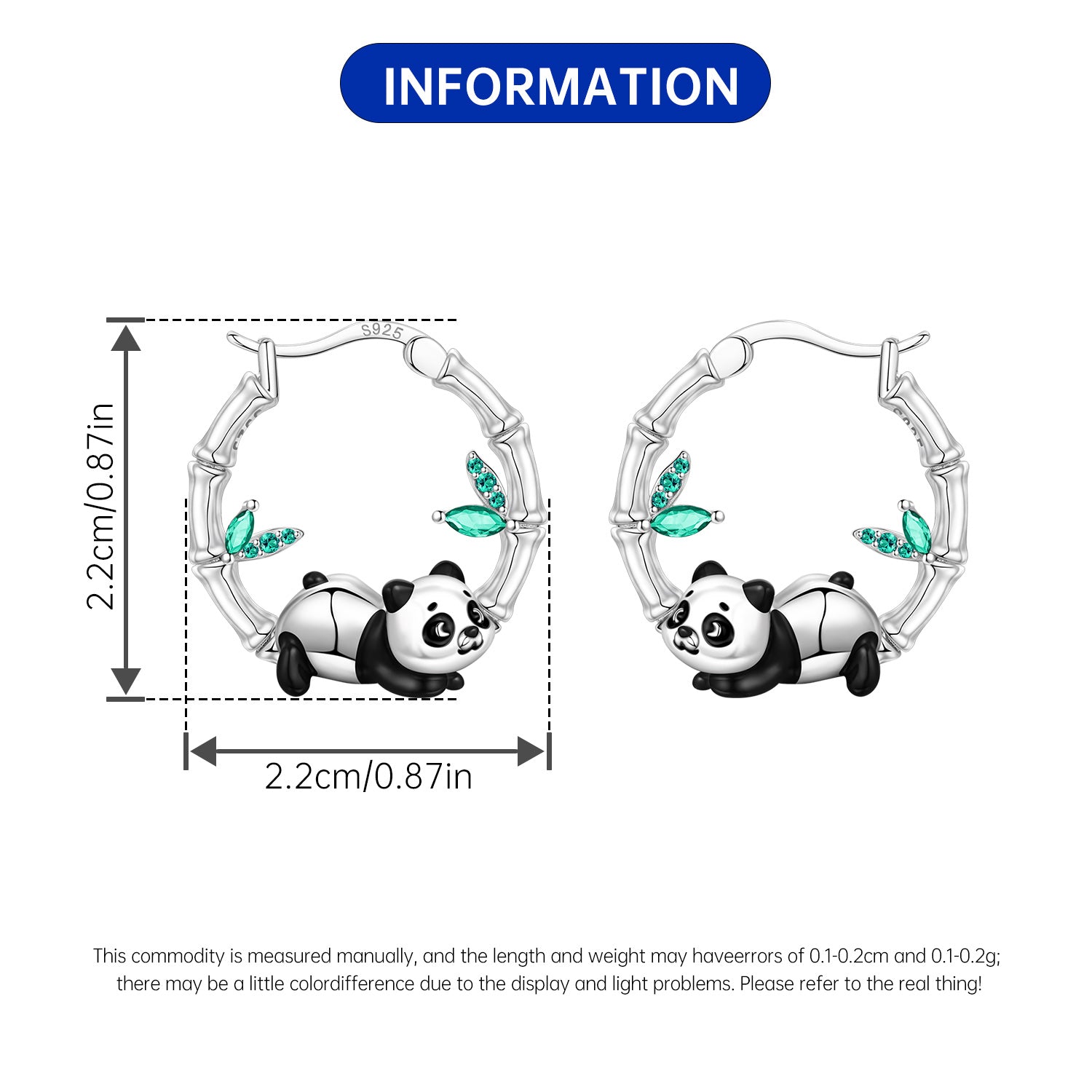 925 Sterling Silver Panda & Bamboo Hoop Earrings with Green Zircon Leaves - Various Designs