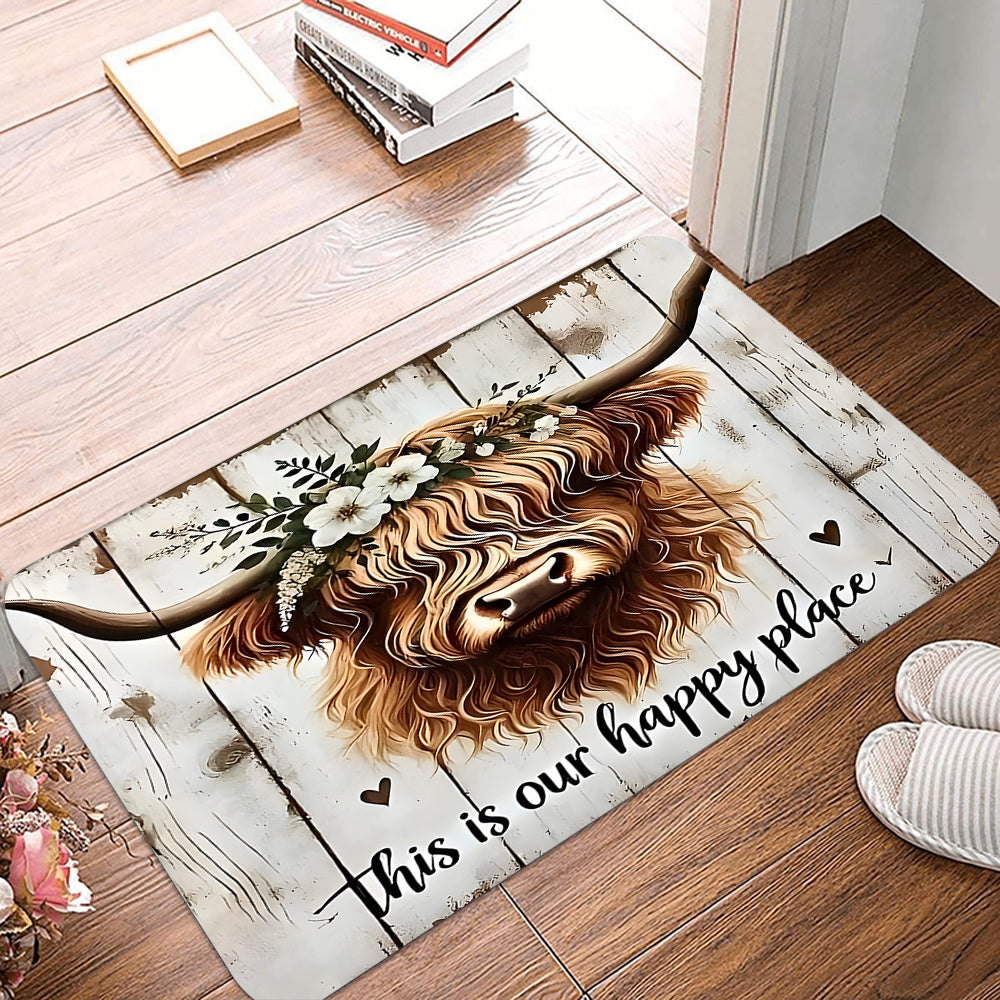 Highland Cow Floral "Happy Place" Welcome Mat Doormat