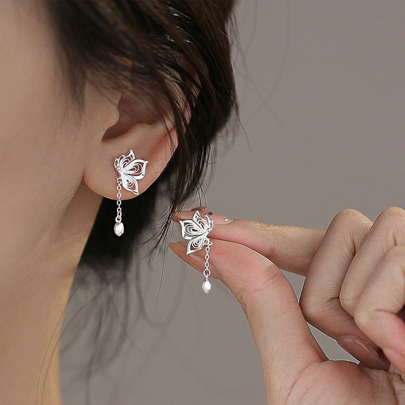 925 Sterling Silver Lotus Flower Drop Earrings with Delicate Chain Tassels - Truly Yours