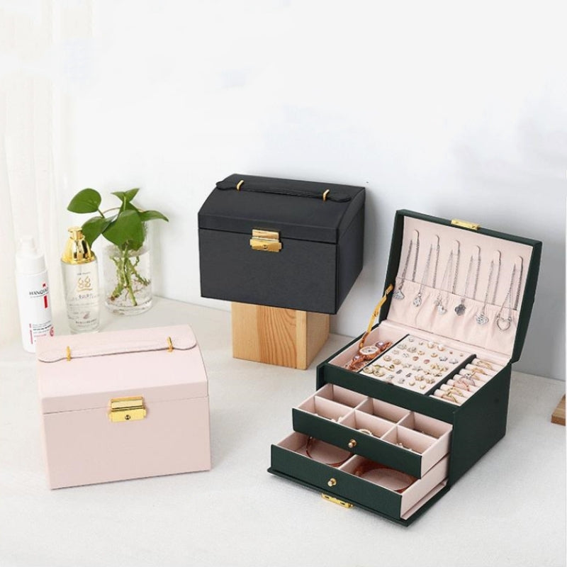 Multi-Layer Leather Jewellery Box with Lock - Various Colours