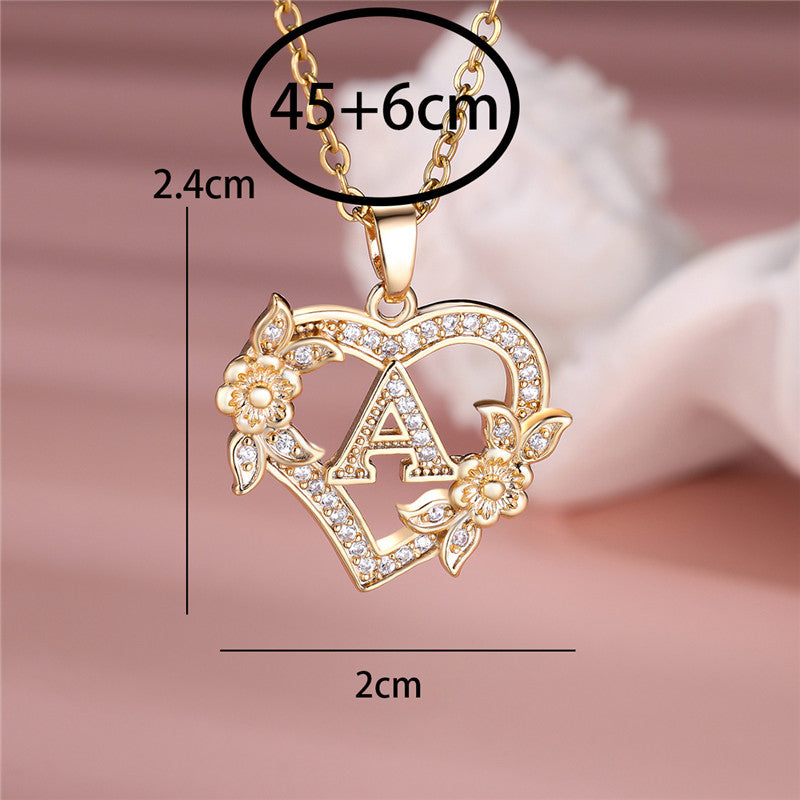 Gold-Plated Heart Initial Necklace – Sparkling Crystal A-Z Letter Pendant with Floral Accents - Truly Yours