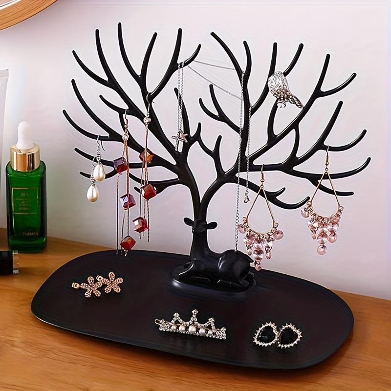 Tree-Shaped Jewellery Organizer with Deer Base - Necklace, Earring & Ring Display Stand with Storage Tray