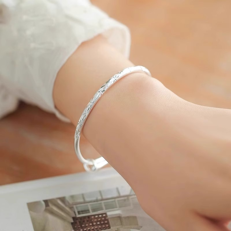 925 Sterling Silver Adjustable Bangle Bracelet with Textured Pattern
