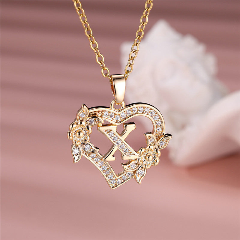 Gold-Plated Heart Initial Necklace – Sparkling Crystal A-Z Letter Pendant with Floral Accents - Truly Yours