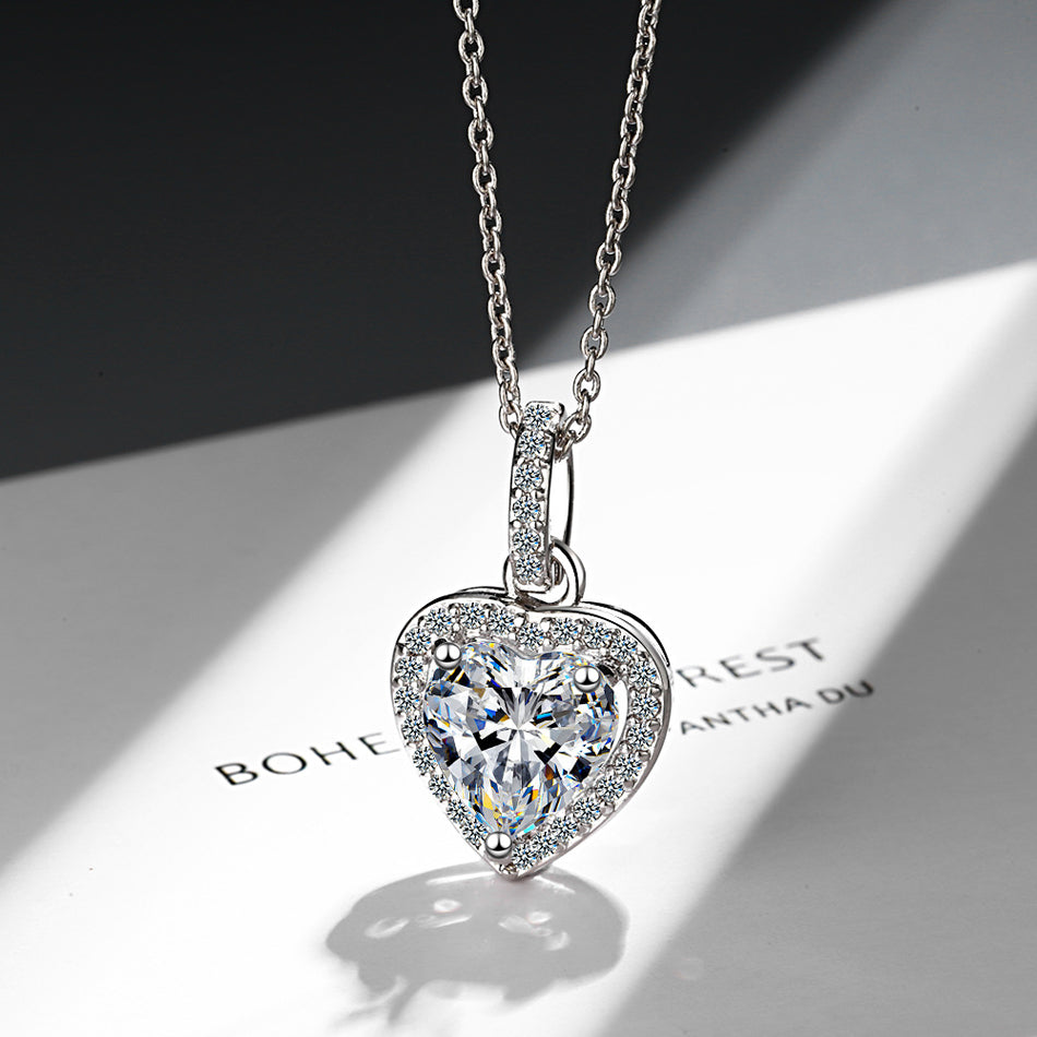 925 Sterling Silver Heart-Cut Zircon Pendant Necklace with Halo Setting