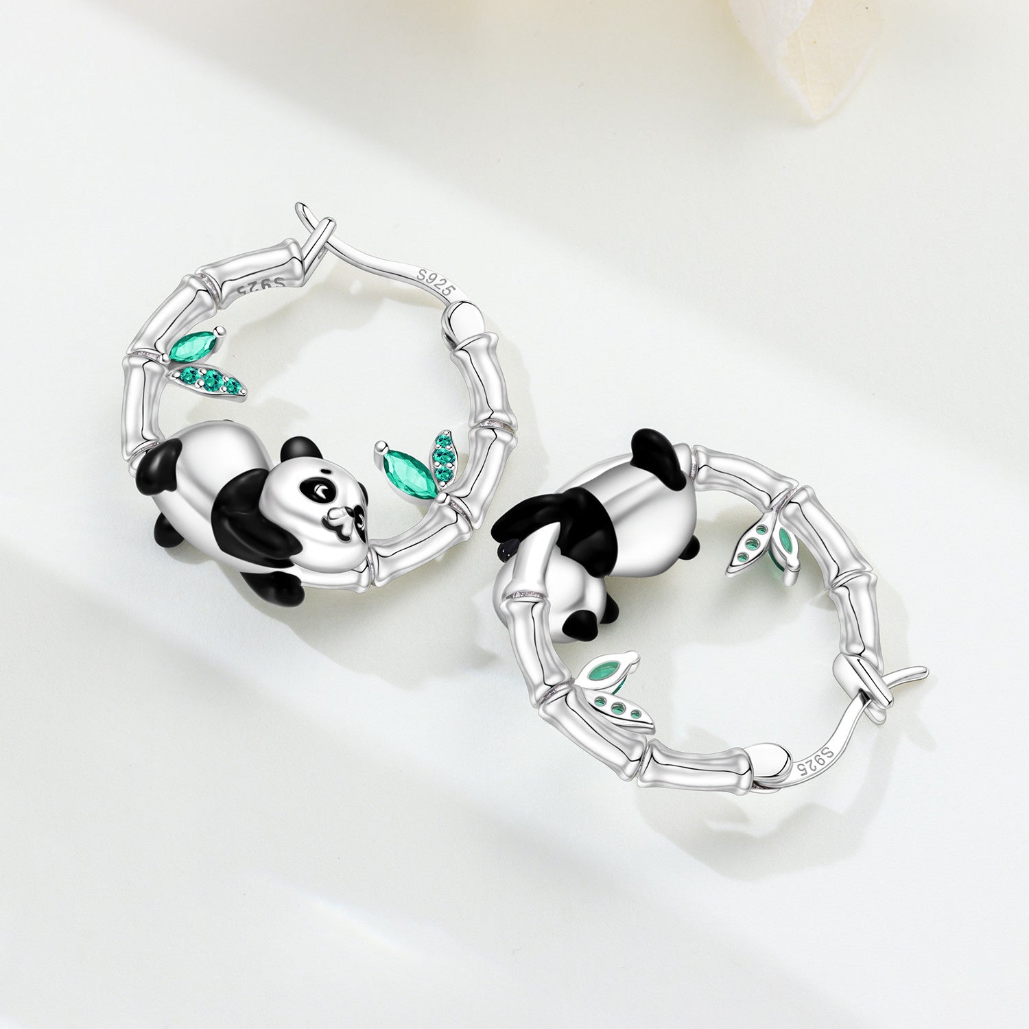 925 Sterling Silver Panda & Bamboo Hoop Earrings with Green Zircon Leaves - Various Designs