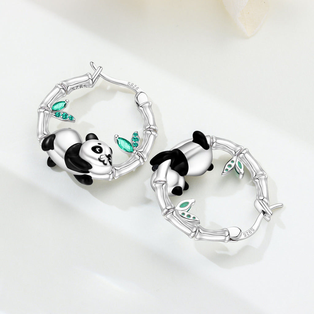 925 Sterling Silver Panda & Bamboo Hoop Earrings with Green Zircon Leaves - Various Designs - Truly Yours