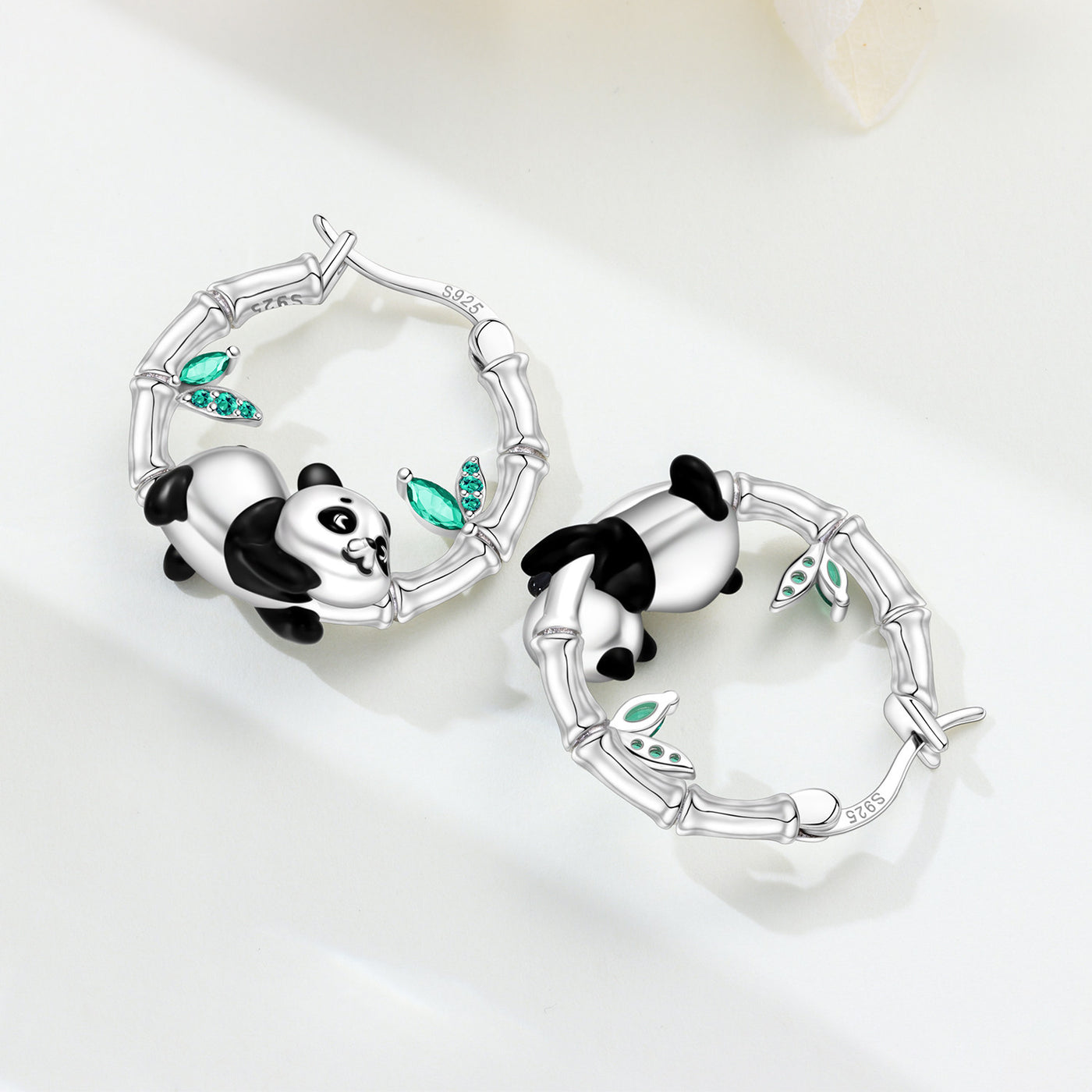 925 Sterling Silver Panda & Bamboo Hoop Earrings with Green Zircon Leaves - Various Designs - Truly Yours