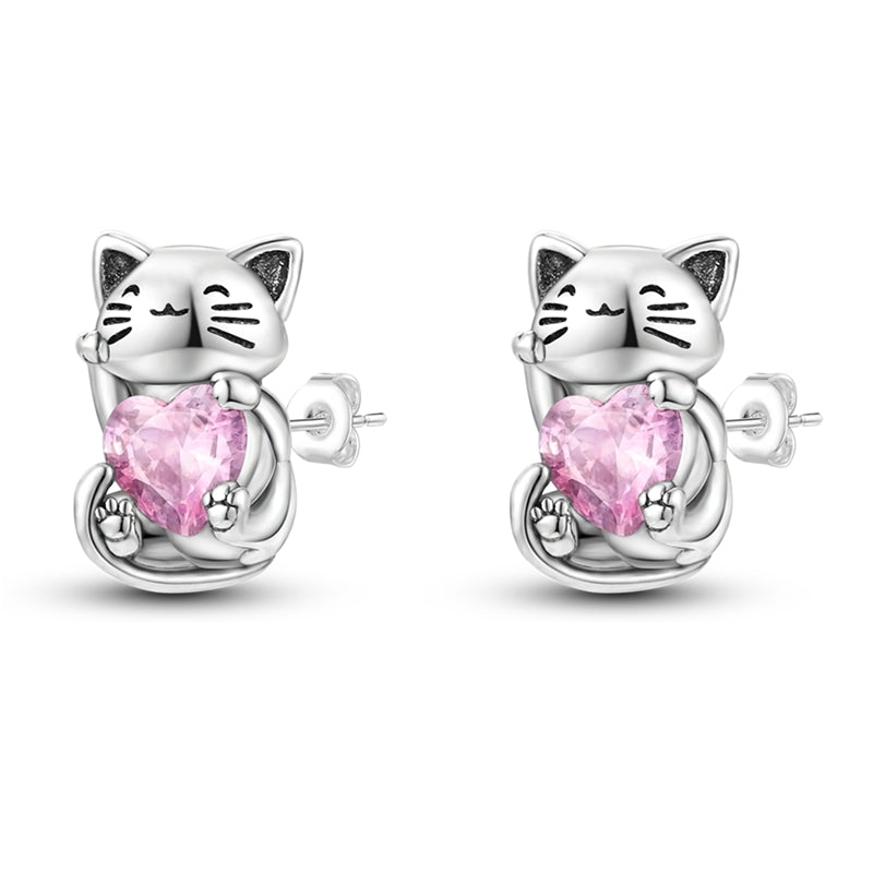 925 Sterling Silver Cute Cat Stud Earrings with Pink Heart-Shaped Gemstone - Truly Yours