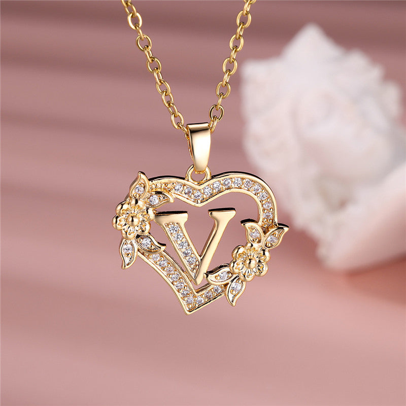 Gold-Plated Heart Initial Necklace – Sparkling Crystal A-Z Letter Pendant with Floral Accents - Truly Yours