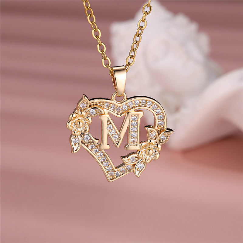 Gold-Plated Heart Initial Necklace – Sparkling Crystal A-Z Letter Pendant with Floral Accents - Truly Yours