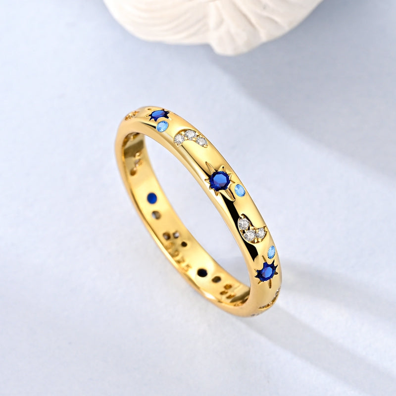 925 Sterling Silver Gold-Plated Ring with Blue Stones & Clear Crystals