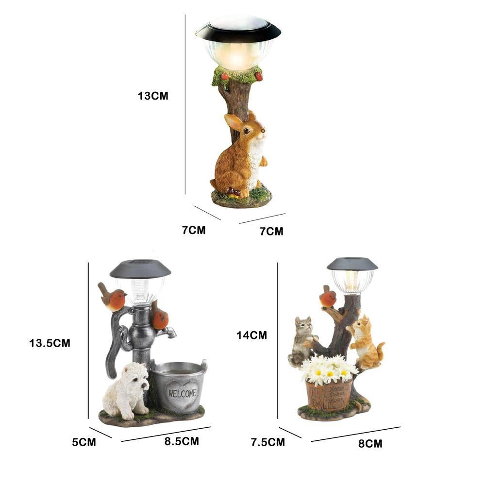 Solar Powered Garden Animal Statues - Decorative LED Lanterns with Kittens, Puppy, and Rabbit