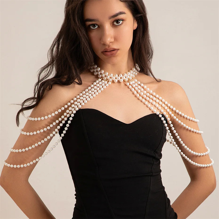 Multi-Strand Imitation Pearl Body Chain Necklace - Wedding Statement Piece