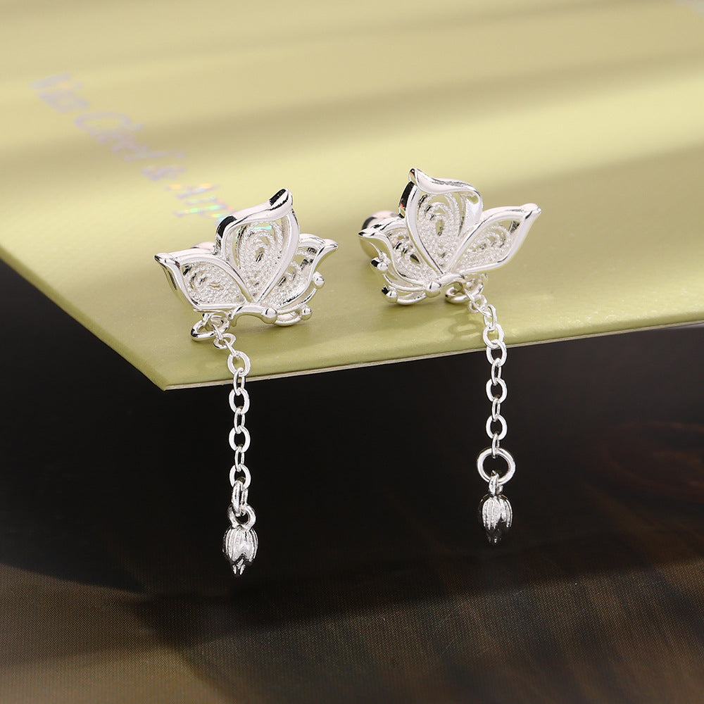 925 Sterling Silver Lotus Flower Drop Earrings with Delicate Chain Tassels - Truly Yours
