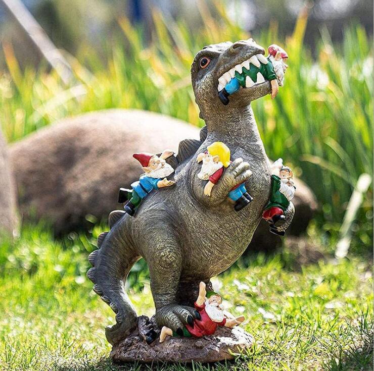T-Rex Garden Dinosaur Statue Eating Gnomes - Truly Yours