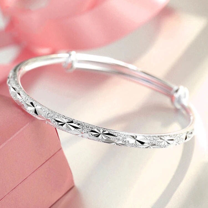 925 Sterling Silver Adjustable Bangle Bracelet with Textured Pattern