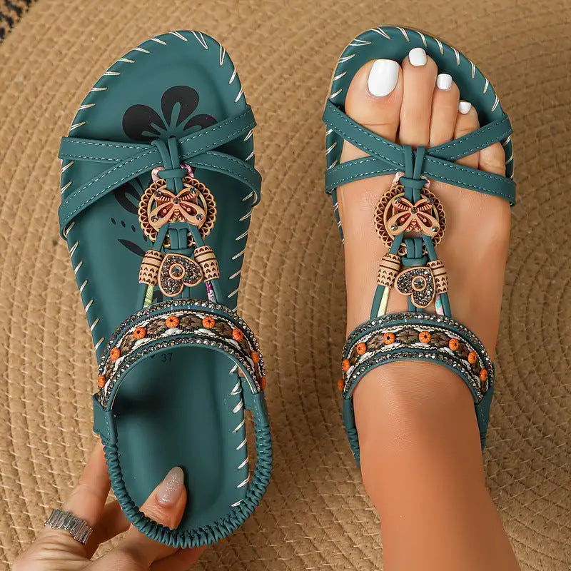 Boho Chic Women’s Beaded Summer Sandals – Teal Comfort Slip-On Flats - Truly Yours