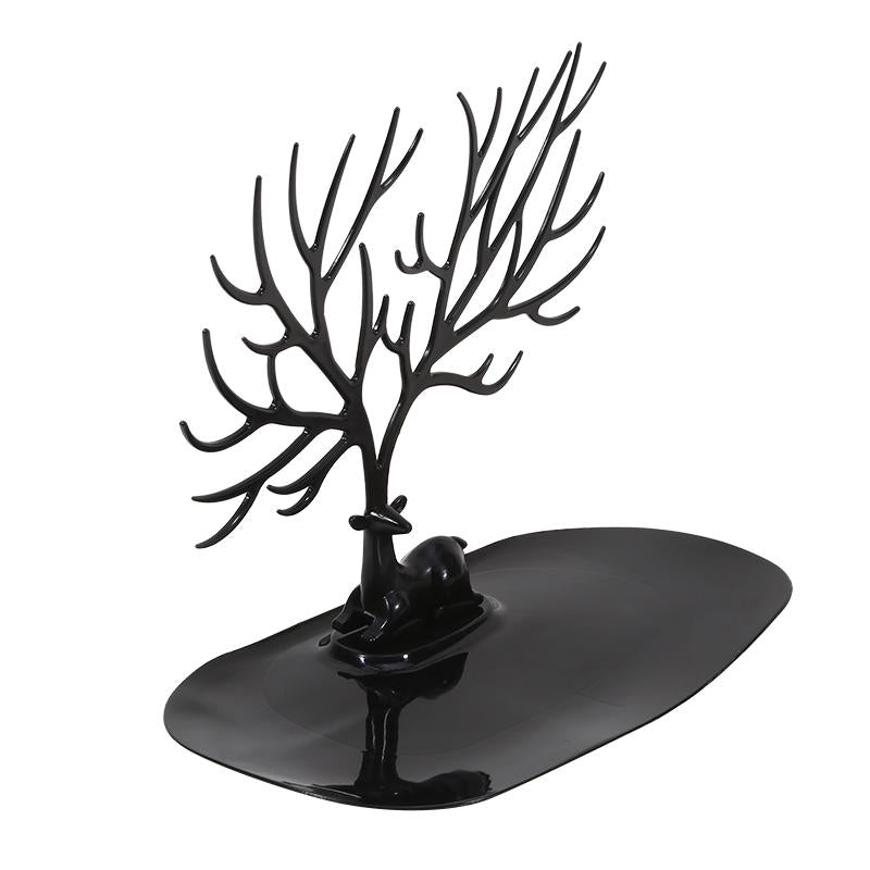 Tree-Shaped Jewellery Organizer with Deer Base - Necklace, Earring & Ring Display Stand with Storage Tray