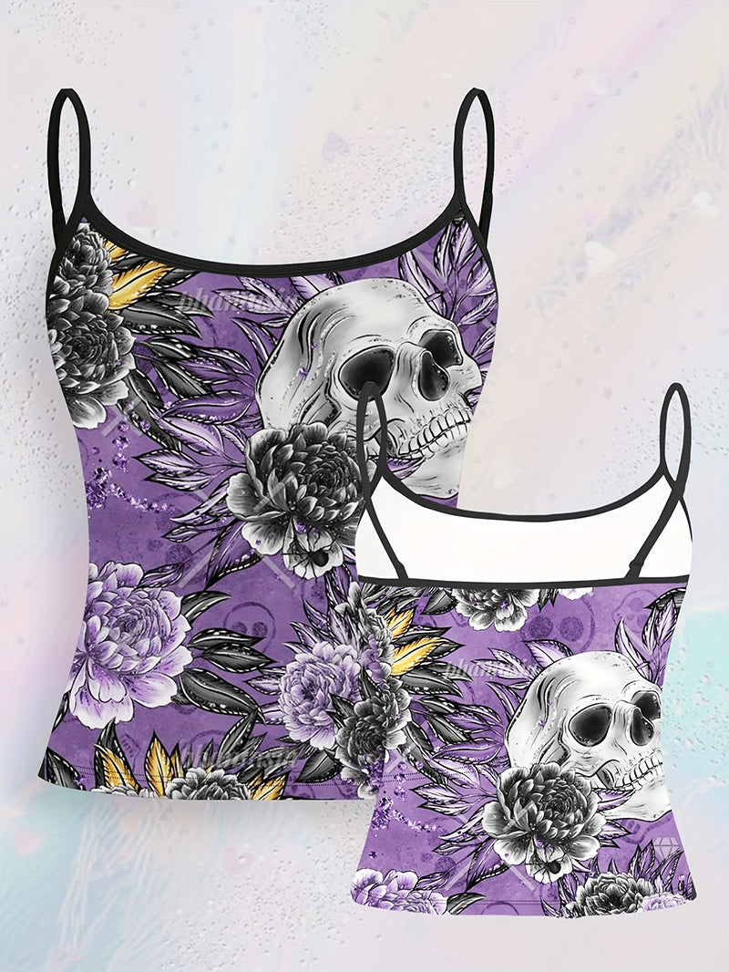 Gothic Skull & Floral Print Cami Top – Purple - Truly Yours