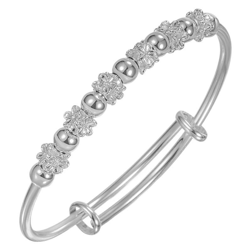 925 Sterling Silver Adjustable Bangle with Lucky Flower Spacers and High-Polish Beads