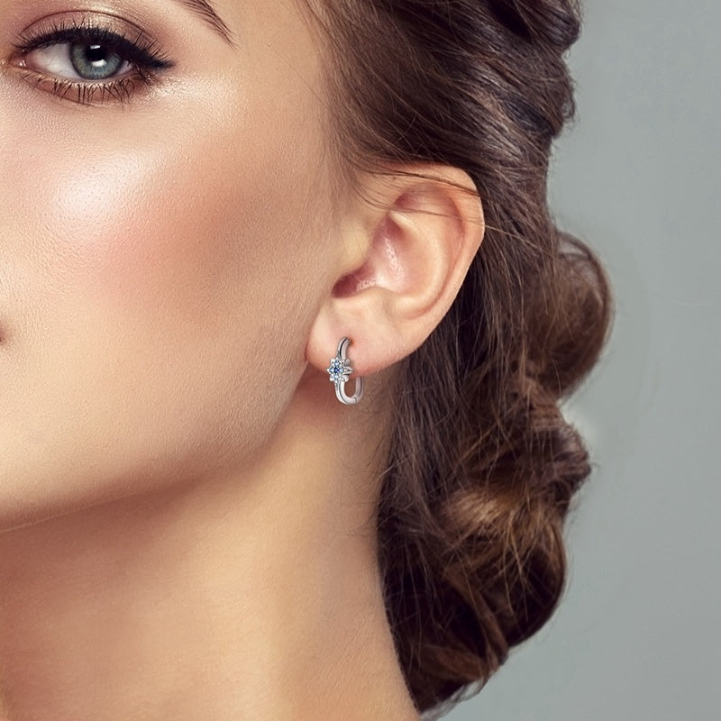 S925 Sterling Silver North Star Huggie Hoop Earrings with Blue and Clear Zirconia Crystals - Truly Yours