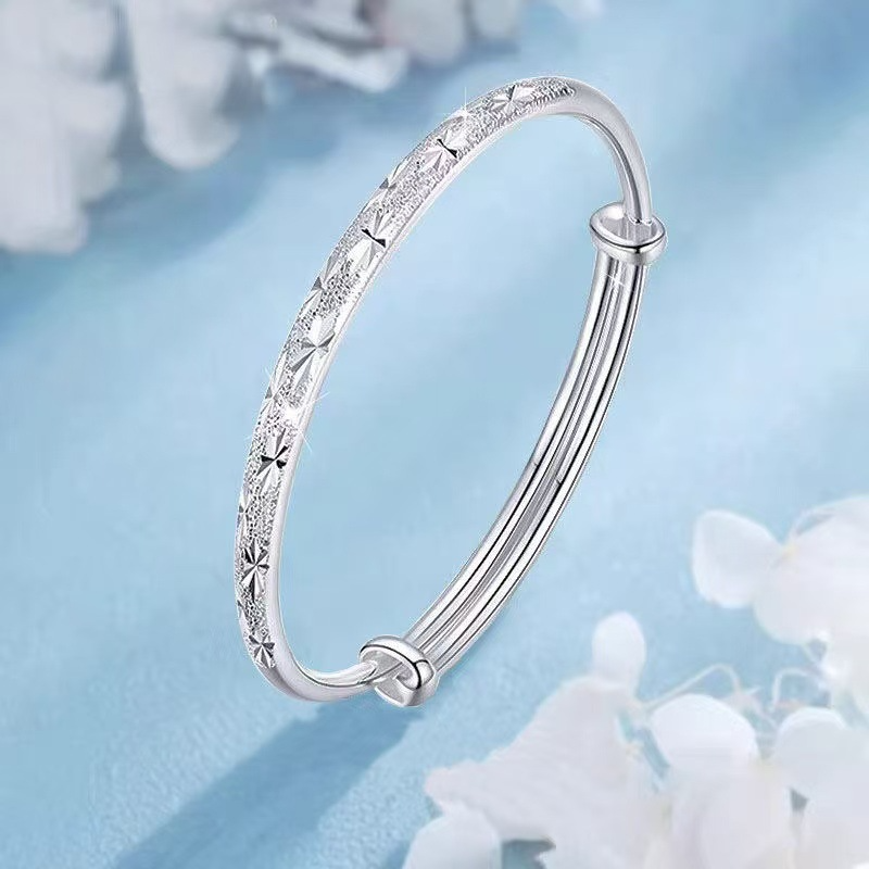 925 Sterling Silver Adjustable Bangle Bracelet with Textured Pattern