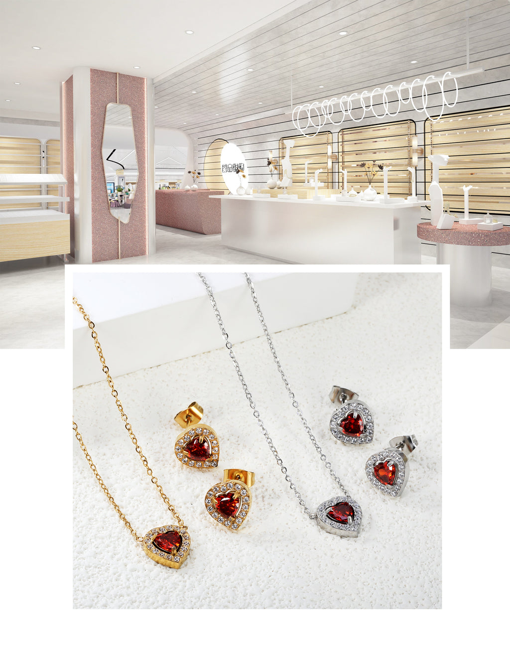 Love Heart Jewellery Set: Sparkling Red Zirconia Necklace and Earrings