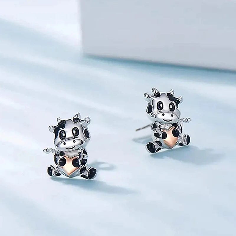 Cute Silver Cow Studs with Rose Gold Heart