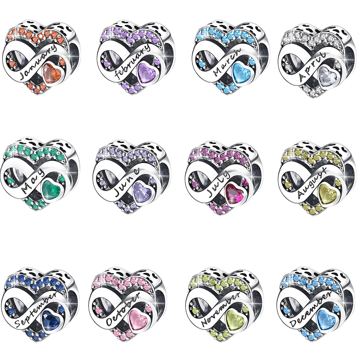 925 Sterling Silver Infinity Heart Birthstone Charms