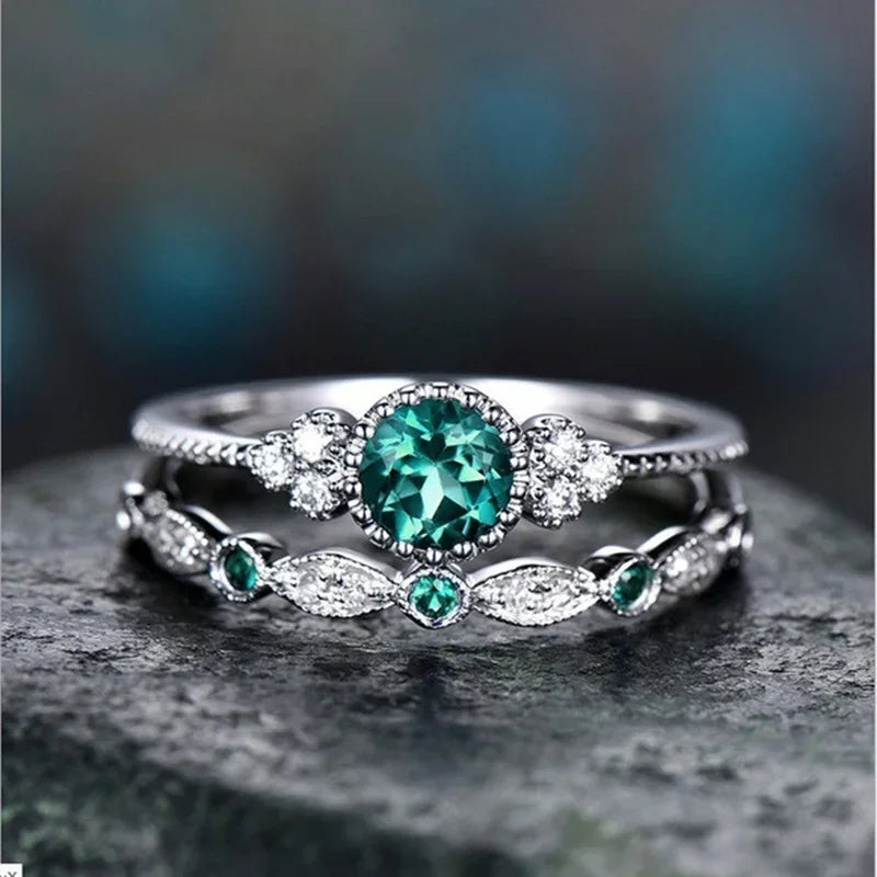 925 Sterling Silver Green Forest Gemstone Two-Piece Promise Ring Set - Truly Yours