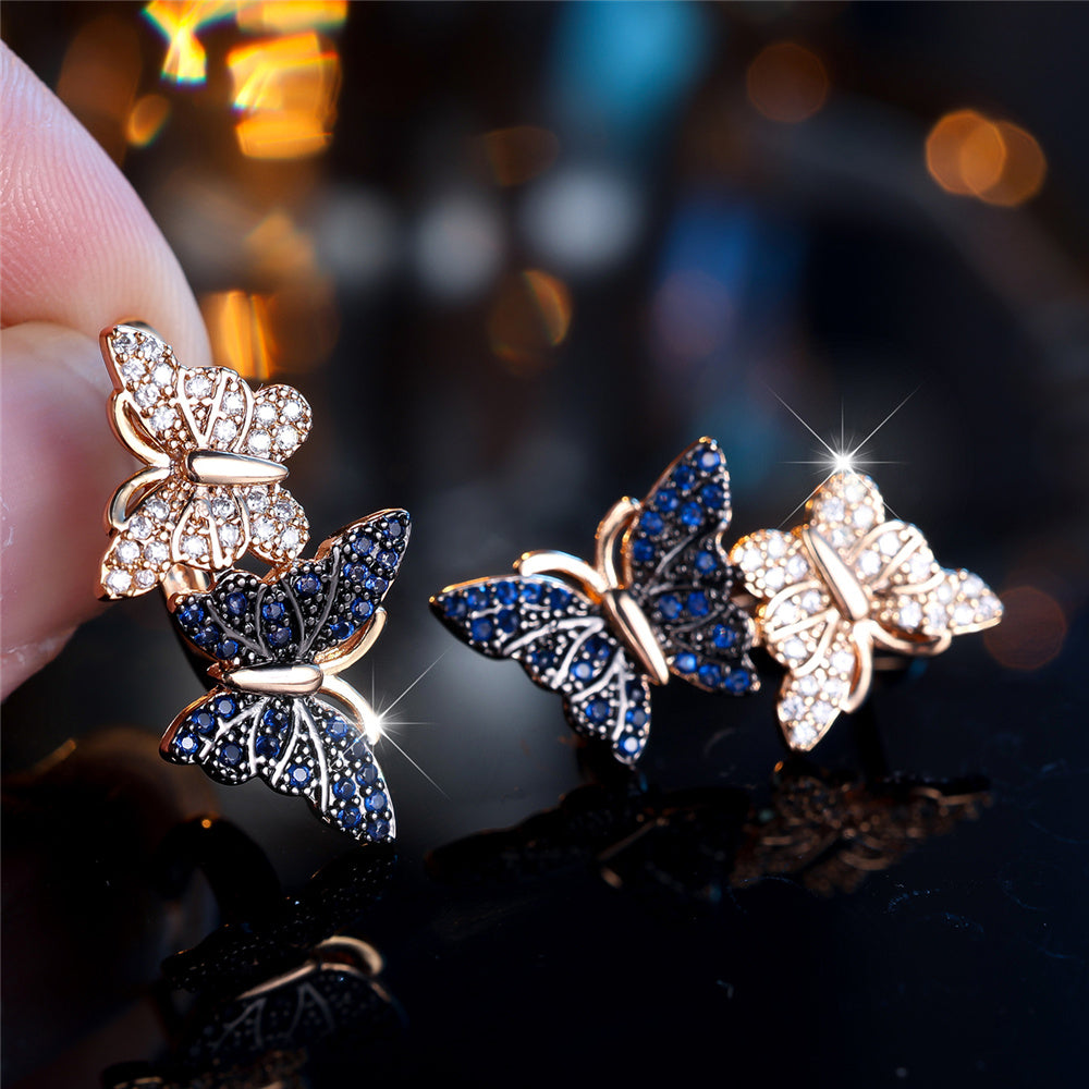 Gold-Tone Butterfly Hoop Earrings with White & Blue Crystal Zircon