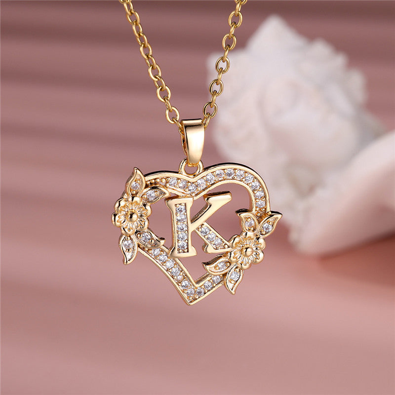 Gold-Plated Heart Initial Necklace – Sparkling Crystal A-Z Letter Pendant with Floral Accents - Truly Yours