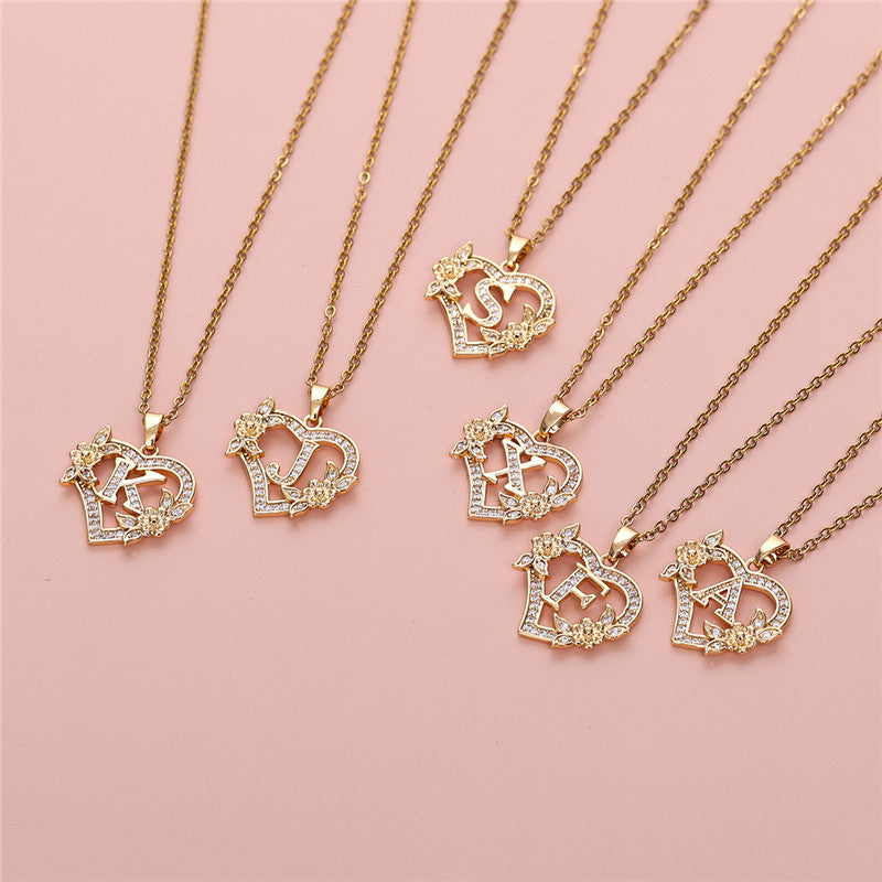 Gold-Plated Heart Initial Necklace – Sparkling Crystal A-Z Letter Pendant with Floral Accents - Truly Yours