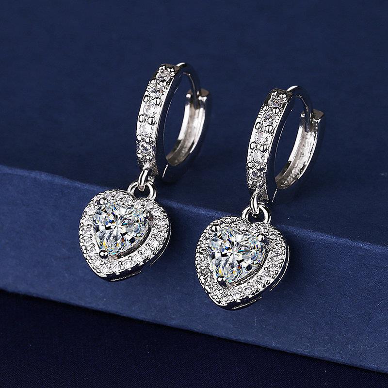 925 Sterling Silver Sparkling Zircon Heart Drop Earrings